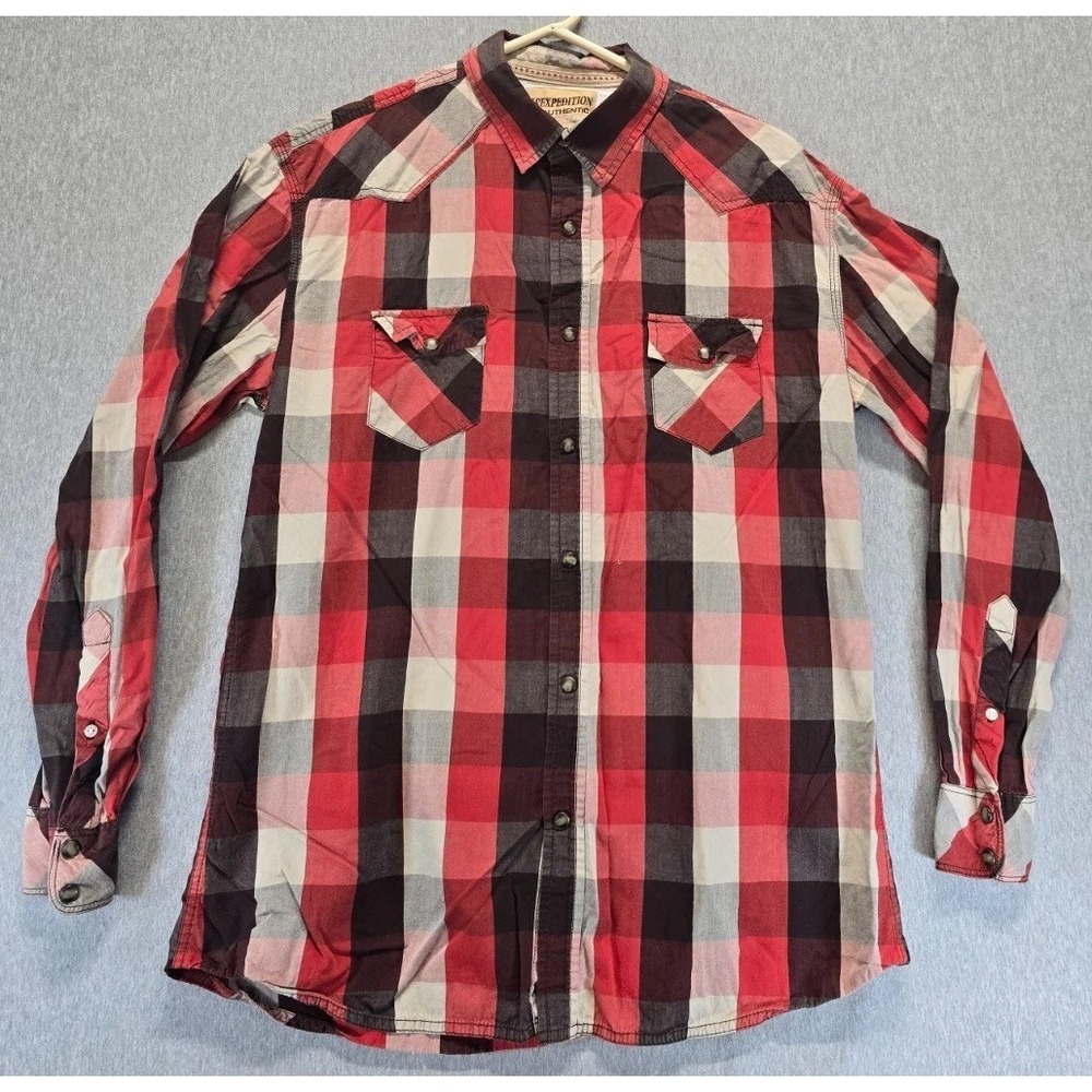 US Expedition Western Shirt Mens Large Multicolor Plaid Cotton Cowboy Pearl Snap